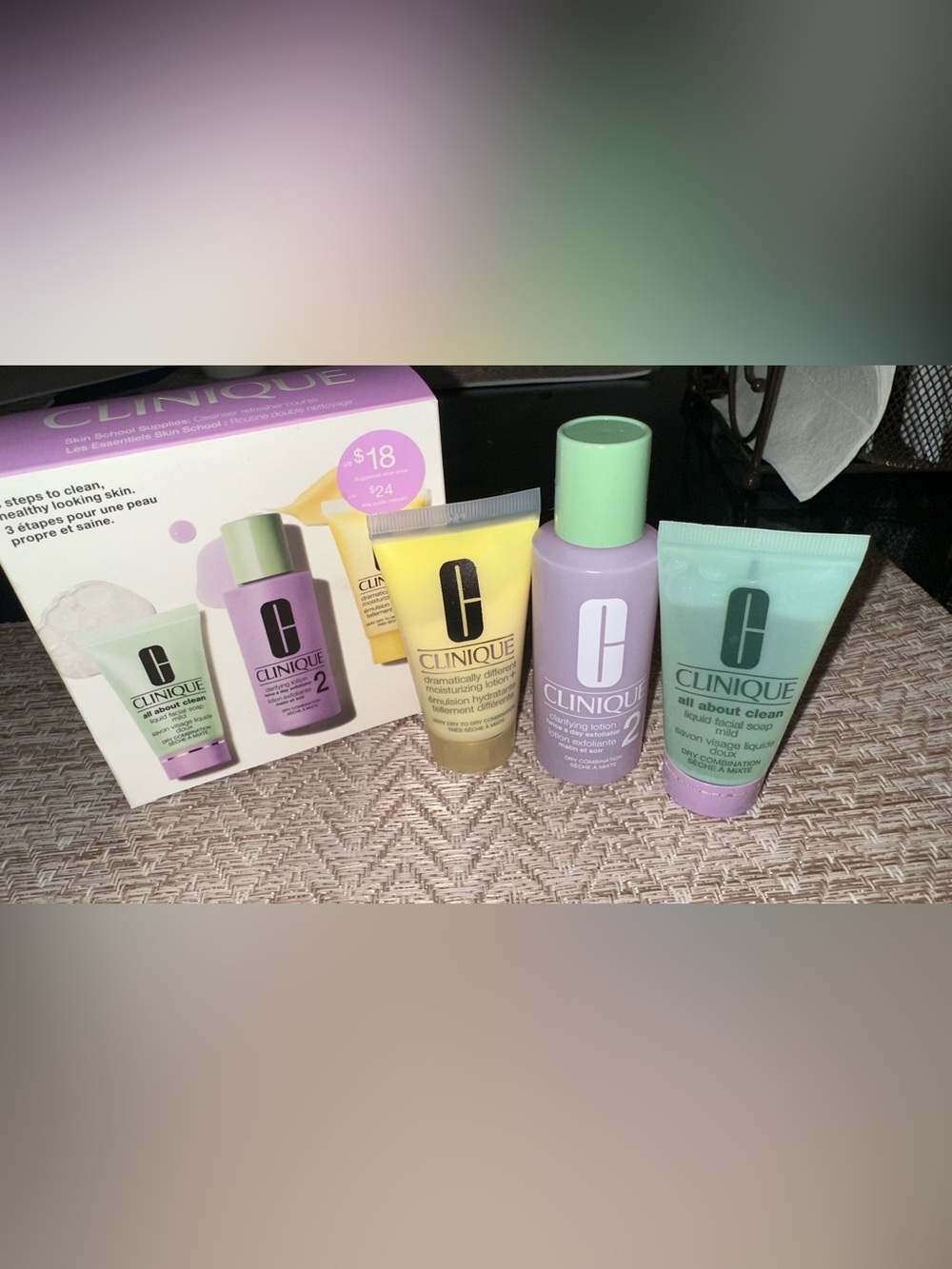 Clinique Skincare Trio — Purple, Yellow, Mint Green